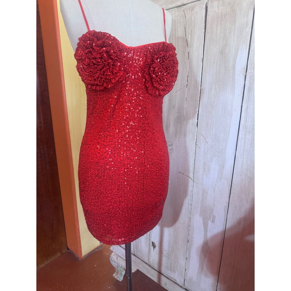 Stella Laguna Beach Red Sequin Rosette Mini Dress Women Small IBD29677 Bodycon
